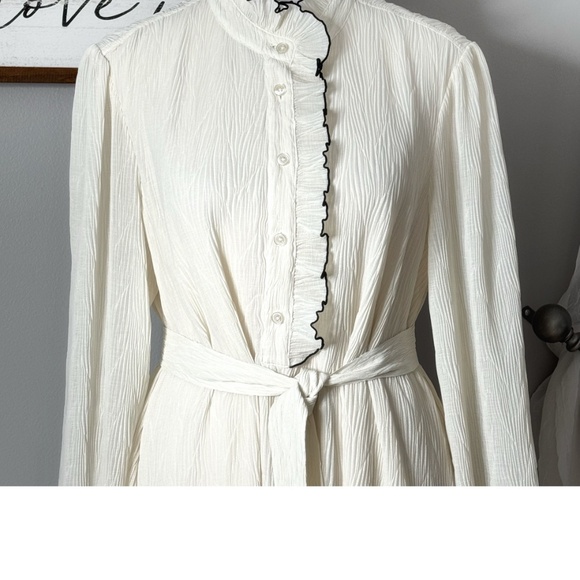Tory Burch Dress Ivory Belted Long Sleeve Black Piping Detail Shirt Dress Sz 8 - Picture 3 of 14